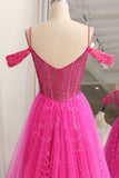 Sparkly Fuchsia A-Line Cold Shoudler Corset Long Prom Dress with Beading