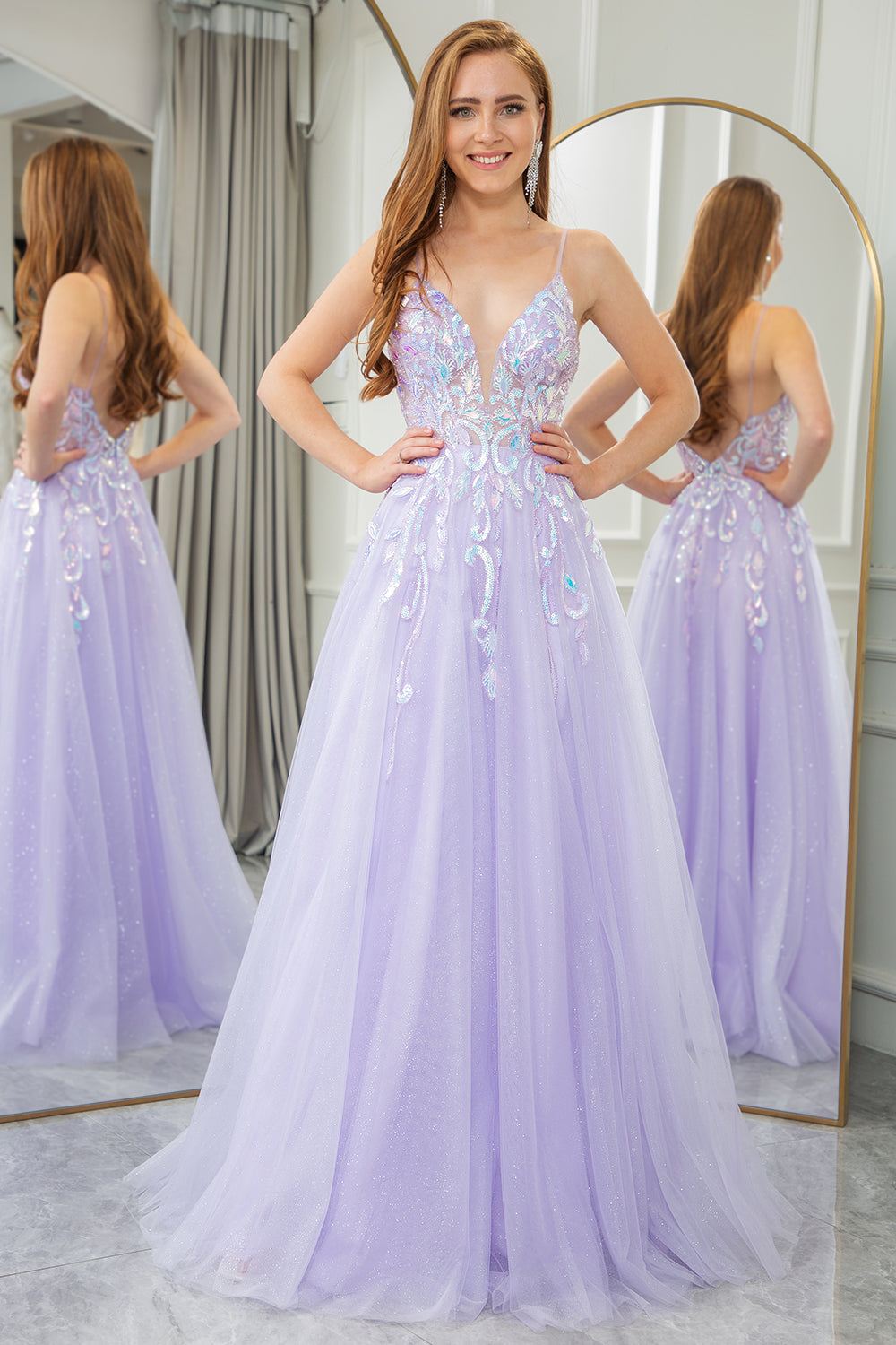 Wedtrend Women Sparkly Light Purple Corset Prom Dress with Slit