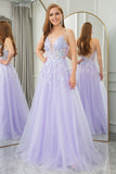 Lilac A Line Tulle Backless Long Sparkly Prom Dress With Sequined Appliques