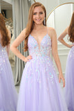 Lilac A Line Tulle Backless Long Sparkly Prom Dress With Sequined Appliques