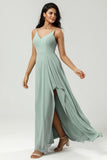 A Line Spaghetti Straps V Neck Floor Length Chiffon Bridesmaid Dress with Slit