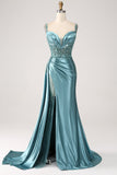 Sparkly Dark Green Mermaid Side Streamer Corset Sequins Satin Prom Dress with Slit