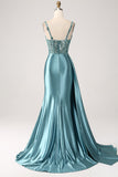 Sparkly Dark Green Mermaid Side Streamer Corset Sequins Satin Prom Dress with Slit