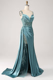 Sparkly Dark Green Mermaid Side Streamer Corset Sequins Satin Prom Dress with Slit