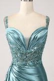 Sparkly Dark Green Mermaid Side Streamer Corset Sequins Satin Prom Dress with Slit