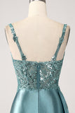 Sparkly Dark Green Mermaid Side Streamer Corset Sequins Satin Prom Dress with Slit