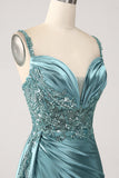 Sparkly Dark Green Mermaid Side Streamer Corset Sequins Satin Prom Dress with Slit