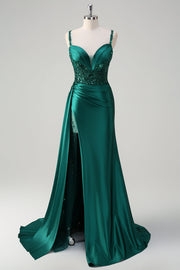 Sparkly Dark Green Mermaid Side Streamer Corset Sequins Satin Prom Dress with Slit