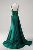 Blue Mermaid V-Neck Satin Side Streamer Long Appliques Sequin Prom Dress With Slit