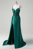 Blue Mermaid V-Neck Satin Side Streamer Long Appliques Sequin Prom Dress With Slit