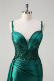 Sparkly Dark Green Mermaid Side Streamer Corset Sequins Satin Prom Dress with Slit