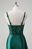 Sparkly Dark Green Mermaid Side Streamer Corset Sequins Satin Prom Dress with Slit