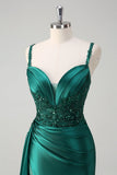 Sparkly Dark Green Mermaid Side Streamer Corset Sequins Satin Prom Dress with Slit