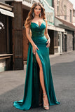 Sparkly Champagne Mermaid Watteau Train Corset Sequins Long Prom Dress with Slit