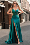 Sparkly Champagne Mermaid Watteau Train Corset Sequins Long Prom Dress with Slit