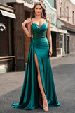 Sparkly Champagne Mermaid Watteau Train Corset Sequins Long Prom Dress with Slit