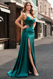 Sparkly Champagne Mermaid Watteau Train Corset Sequins Long Prom Dress with Slit