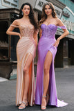 Champagne Mermaid Off The Shoulder Sequins Corset Prom Dress With Slit