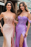 Purple Mermaid Off The Shoulder Ruched Sequins Corset Prom Dress With Slit