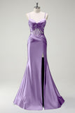 Royal Blue Mermaid Spaghetti Straps Satin Prom Dress with Sheer Corset Bodice