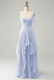 A Line Spaghetti Straps Chiffon Long Eucalyptus Bridesmaid Dress with Ruffles