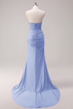 Fuchsia Mermaid Strapless Ruched Corset Beaded Long Prom Dress With Slit