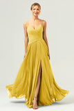 A Line Spaghetti Straps Pleated Chiffon Long Bridesmaid Dress with Slit