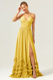 A Line Halter Lace Up Back Chiffon Long Bridesmaid Dress with Slit