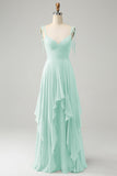 A Line Spaghetti Straps Chiffon Long Eucalyptus Bridesmaid Dress with Ruffles