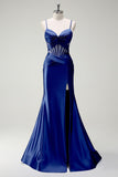 Royal Blue Mermaid Spaghetti Straps Satin Prom Dress with Sheer Corset Bodice