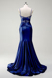 Royal Blue Mermaid Spaghetti Straps Satin Prom Dress with Sheer Corset Bodice