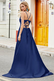 Royal Blue A Line Spaghetti Straps Long Backless Prom Dress with Appliques