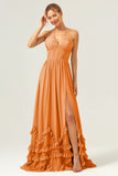 A Line Halter Lace Up Back Chiffon Long Bridesmaid Dress with Slit