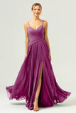 A Line Spaghetti Straps Pleated Chiffon Long Bridesmaid Dress with Slit