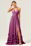 A Line Halter Lace Up Back Chiffon Long Bridesmaid Dress with Slit