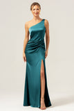 Dark Green Elegant Mermaid One Shoulder Pleated Backless Bridesmaid Dress with Slit