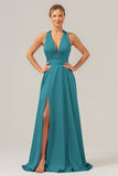 Daffodil A Line Deep V Neck Lace Up Back Long Satin Bridesmaid Dress with Slit