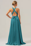 Daffodil A Line Deep V Neck Lace Up Back Long Satin Bridesmaid Dress with Slit