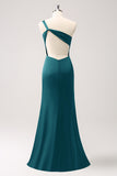 Elegant Olive Mermaid One Shoulder Pleated Backless Bridesmaid Dress with Slit