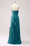 Sheath Spaghetti Straps Ruffle Long Bridesmaid Dress with Slit