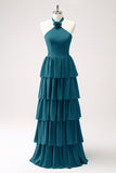 Dark Green A Line Halter Tiered Chiffon Long Bridesmaid Dress with Flower