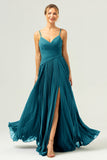 A Line Spaghetti Straps Pleated Chiffon Long Bridesmaid Dress with Slit