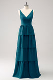 Dark Green A Line V Neck Tiered Ruched Long Bridesmaid Dress