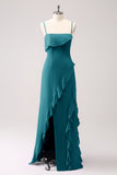 Sheath Spaghetti Straps Ruffle Long Bridesmaid Dress with Slit