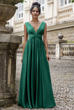 Dark Green A Line V Neck Pleated Chiffon Long Bridesmaid Dress with Lace Up Back