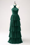 Dark Green A Line Halter Tiered Chiffon Long Bridesmaid Dress with Flower