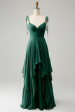 A Line Spaghetti Straps Chiffon Long Eucalyptus Bridesmaid Dress with Ruffles