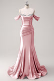 Sparkly Blush Mermaid Cold Shoulder Pleated Long Prom Dress With Sequins