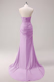 Fuchsia Mermaid Strapless Ruched Corset Beaded Long Prom Dress With Slit