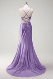 Sparkly Fuchsia Mermaid Beaded Corset Satin Long Prom Dress with Slit